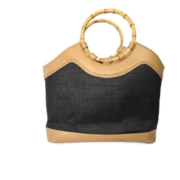 Iman Global Chic Women's Black Straw Tan Vegan Leather Handbag Tote - Picture 2 of 5